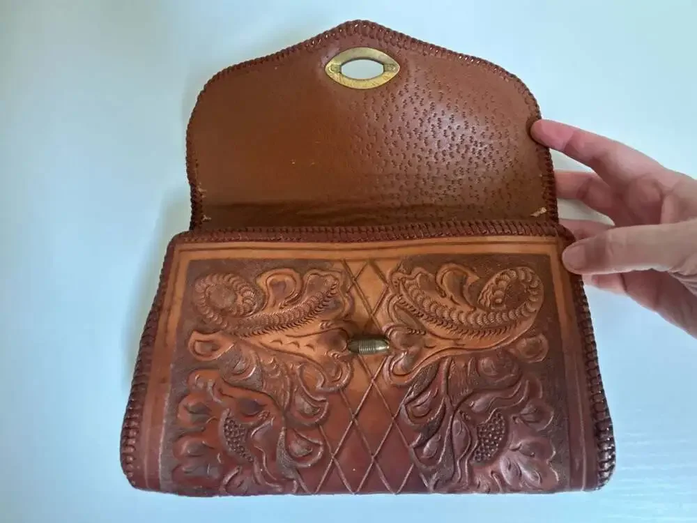 Vintage Hand-Tooled Floral Leather Clutch Purse with Turn-Lock Closure